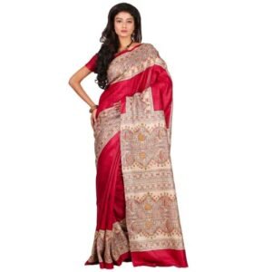 PURE HANDLOOM TUSSAR GHICHA MADHUBANI PRINTED PURE SILK SAREE WITH SILK MARK CERTIFIED (Red)