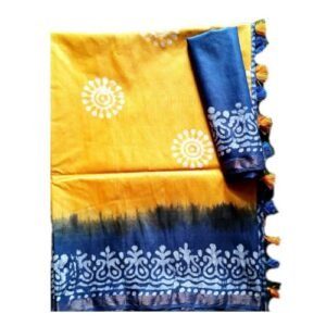 Hand Batik Chanderi cotton Bhagalpuri saree with batik blouse piece (Yellow Blue)