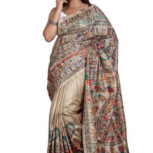 Indian Traditional Hand Painted Madhubani on Soft Tussar Gicha Handwoven Silk Saree With Blouse Piece in Natural Beige and Multicolored