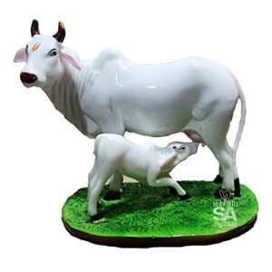 S A GIFTS Sai Amrut Handicraft Decorative Polystone Cow and Calf Big Statue/Idol for Gift Home Decor 7 inch (Marble Cow)