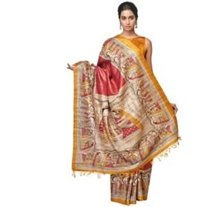 A F SILKS- Women's Tussar Ghicha madhubani hand painted pure silk saree with Unstiched blouse &Silk mark certified