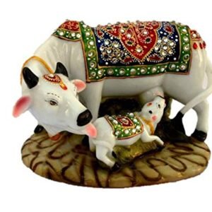 J JIYANSH CREATION Creation Dust Polyresin Decorative Marble Kamdhenu Cow and Calf Big Handcrafted Statue