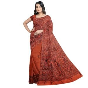 Saras Aajeevika Handcrafted Handpainted Madhubani Pure Silk Saree With Unstitched Blouse Piece with Madhubani Painting|Orange Colour|6.5 Mtr with Blouse 80 cms|Light weight|Hand wash|330 Grm.