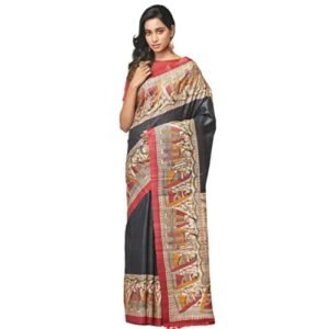 A F SILKS- Women's Tussar Ghicha madhubani hand painted pure silk saree with Unstiched blouse &silk mark certified (BR)