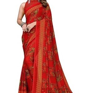 Tarshika Plain Women's Trendy Printed Georgette Color Saree with Blouse Material(RAMBHA RED)