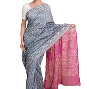 Kishori Women's Pure Chanderi Silk Two Dye Discharge Print Booti Pattern Chanderi Silk Saree and Blouse Fabric (Grey & Pink)