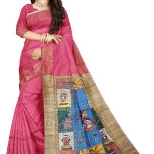 iMithila Women's Madhubani Handpainted Staple Silk Saree with Blouse Piece - Chhath Mahaparv Special