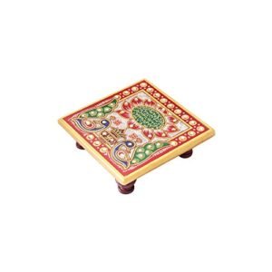 Handicrafts Paradise Lotus Painted Marble Chowki (10.2 cm x 10.2 cm x 2.55 cm)