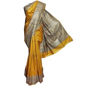 A F SILKS-WOMEN'S Tussar ghicha Madhubani hand printed pure silk saree with unstitched blouse and silk mark certified(mustard)