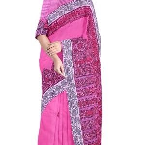 iMithila Madhubani Handpainted Pure South Cotton Saree with Border and Blouse Piece - Pink - Festival Special