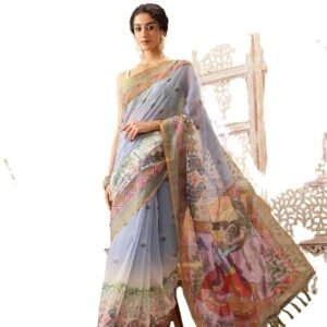 Silk Zone Women's Chanderi Saree With Madhubani Radhe Krishna Design Saree With Blouse Piece