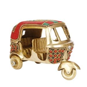 Kartique Brass Auto Rickshaw Indian Collection of Handicraft Items Home Decor Showpiece Gift Stone Studd Tuk Tuk Vehicle (Red)