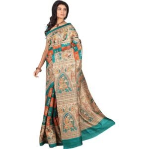 RACHBAI Tussar ghicha madhubani print pure silk saree with unstich blouse & silk mark(11)