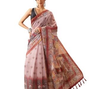 Silk Zone Women's Chanderi Saree With Madhubani Radhe Krishna Design Saree With Blouse Piece