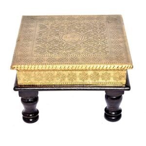 TRADITIONAL ARTISTRY Silver Rectangle Shape Wooden Chowki | Brass Work Pooja Bajot Stool | Home Decor Sitting Table - 10 Inch