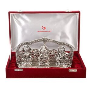 INTERNATIONAL GIFT Silver Plated Laxmi Ganesh Saraswati God Idol Statue Oxidized Finish with Beautiful Velvet Box Packing and with Carry Bag (29cm x 18cm x 7cm)