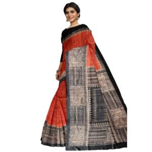 RACHBAI Women's Tussar Ghicha Bhagalpuri madhubani hand printed pure silk saree (orange)