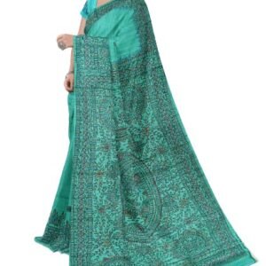 iMithila Madhubani Handpainted Pure Ghicha Tussar Silk Saree with Blouse Piece - Green- Silk Mark Certified