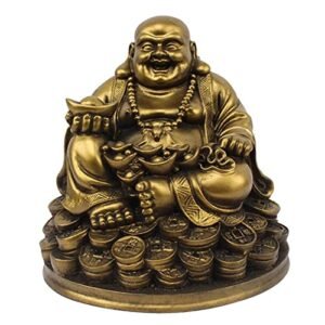 Petrichor Resin Fengshui Figurine Laughing Buddha Sitting on Luck Money Coins Carrying Golden Ingot for Good Luck & Happiness (5 Inches