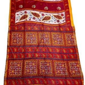 BHAGALPURI HANDLOOM PURE KOTA SILK MADHUBANI PRINTED DESIGN SAREE WITH CONTRAST BLOUSE PIECE. (RED YELLOW MULTI)