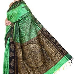 iMithila Women's Madhubani Handloom Pure Silk Green Color Handpainted Saree with Mithila Motifs for Rakhi Ceremonious Occasions