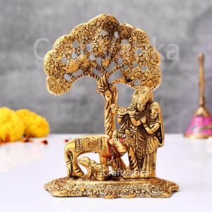 CraftVatika Radha Krishna Gift with Cow Calf Statue Murti Idol for Home Decoration