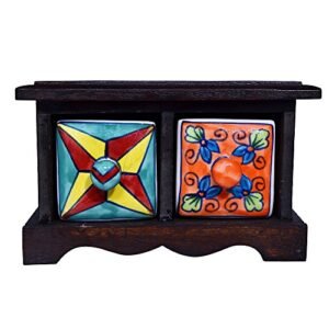 The Himalaya Craft Wooden Handicraft Blue Pottery Box Drawer Set