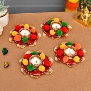 Collectible India Set of 4 Flower Design Diya Tea Light Candle Holder for Home Office Decoration Puja Articles Decor Gift TeaLight - Decorative tealight Candle Holder - Wedding Festive Decor Gift