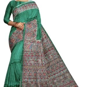 iMithila Exquisite Madhubani Hand-Painted Pure Silk Saree - Unique Storytelling Artistry - Green and Beige -Silk Mark Certified