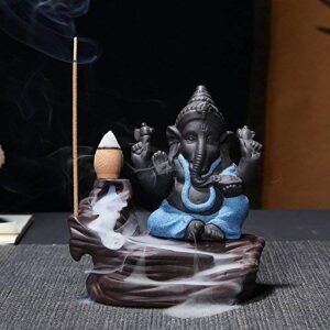 HC VILLA Handicrafts Villa Ceramic Smoke Backflow Incense Holder Decorative Showpiece with 10 Scented Cone Incenses (Blue) (Conical)