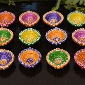 Collectible India Clay 12 Diyas Diya Deepak Earthen Assorted Colorful Set - Diwali Decoration Puja - Handpainted Diya for Home Indoor Outdoor Diwali Design Handmade Mix Color (Set of 12)