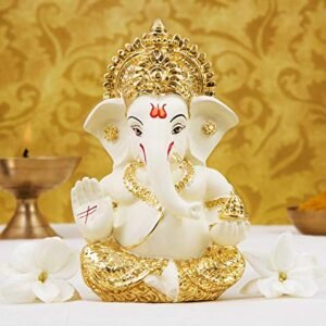 Gold Art India Ceramic Ganesh Idol for Car Dashboard Ganesha Murti Ganpati Idol for Home Decor Puja Lord Ganesh Statue Gift for Office Desk Puja Room Figurine 3.5 x 2 inch