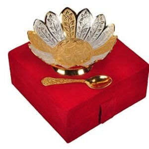 JR Handicrafts World Silver And Gold Plated Brass Bowl With Spoon (Silver And Golden)