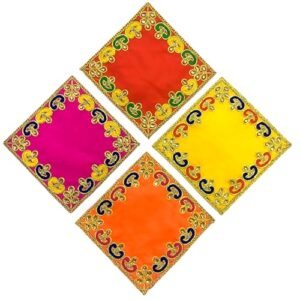 HEMDEV 6 * 6 Inches Pure Silk Embroidery Puja Aasan for Ganpati with Stone Work | Puja Altar Cloth for God Temple| Puja Aasan for Idols Sitting (Pack of 4 Pieces)