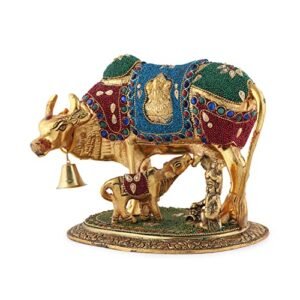 Kalakriti Handicraft Big Metal Kamdhenu Cow and Calf Statue | Brass Idols for Shivratri Pooja | Decorative Items for Home | Showpiece with Krishna (24x20x17 cm