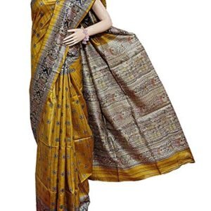 Triveni Handloom Tussar Ghicha Hand Madhubani Printed Pure Silk Saree (Gold_Color)