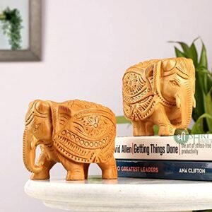 Shri Handicrafts 3" Wood Elephant Pair Down Trunk Statue Carving Figurine Showpiece for Home Decor(Set of 2