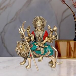 AONA Brass Maa Durga Idol Sitting On Lion Ma Sherwali Murti Devi Statue for Home Mandir Office Living Room Shop Gift Navratra Puja Multicolor Stone Work Color Height 9 Inches