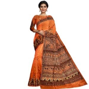 iMithila Madhubani Orange Festive Collection Handloom Attractive Tussar Silk beautiful Handpainted Saree with Mithila Motifs For Ladies and Women