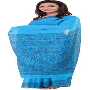 iMithila Madhubani Folk Art Light Blue Color Cotton Saree With Depiction Of Beautiful Peacocks