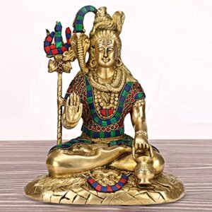 Artvarko Brass Metal Lord Shiva Shankar Idol Multicolor Gemstone Handwork Bhole Nath Bhagwan Murti Office Home Decor Showpiece Statue Size 10 Inches