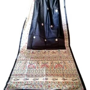 Women's Bhagalpuri Ghicha Pure Tussar Madhubani Print Silk Saree With Blouse with Traditional Design- Black