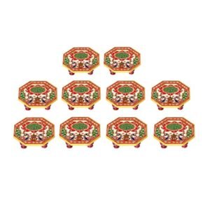 Handicrafts Paradise Marble Octagonal Puja Chowki Painted with Peacock Design-Set of 10 Pieces