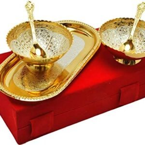 JR Handicrafts World Gold and Silver Plated White Aluminium5 Piece Set (2 Bowl 2 Spoon with Tray)