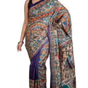 Bengal looms India Hand Paint Madhubani on Natural Gicha Tussar Silk Saree in Purple