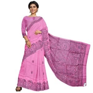 iMithila Women's Madhubani Handloom Pure Tussar Silk Handpainted Saree with Blouse Piece with Silk Mark (Pink)