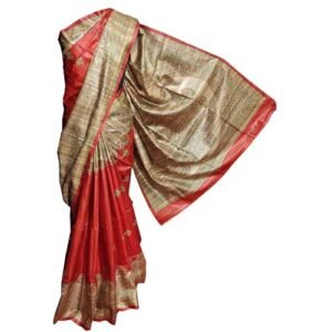 RACHBAI Women's Tussar Ghicha madhubani printed pure silk saree with Unstiched blouse (red