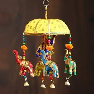 eCraftIndia Multicolor Handcrafted Decorative Five Elephant Wall/Door/Window Hanging Bells Wind Chimes Showpiece for Home Decor