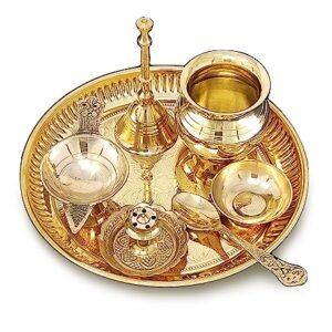 BENGALEN Brass Pooja Thali Set 6 Inch Puja Thali with Pital Plate Kalash Spoon Chandan Wati Dhup Dan Diya Ghanti Arti Thali for Diwali Home Office Mandir Wedding Return Gift Items