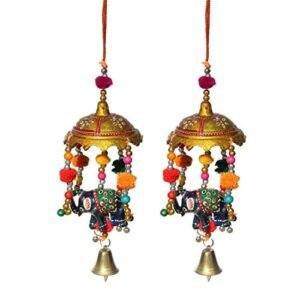 Handicrafts Paradise Umbrella with Elephant Painted and Metal Bell Paper Mache Door Hanging (7.65 cm x 7.65 cm x 22.95 cm